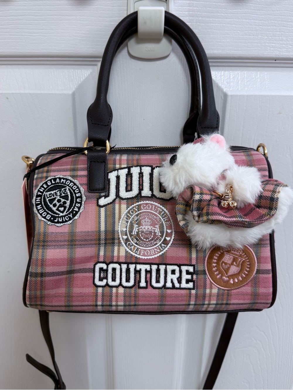 NWT Juicy Couture Juicy Varsity Satchel in Blush Plaid w/Dog Charm